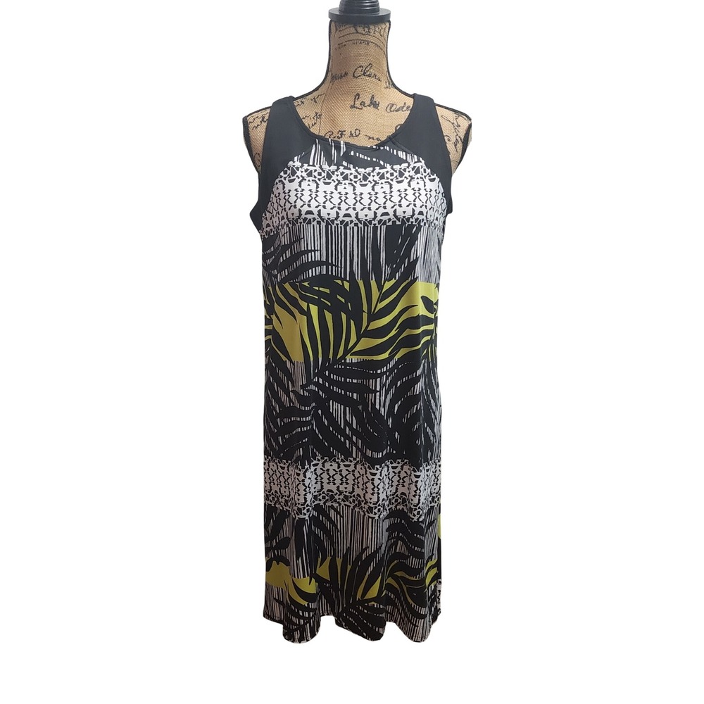 Multiples Petite Green Space Sleeveless‎ Midi Dress Palm Leaf Print Size PM